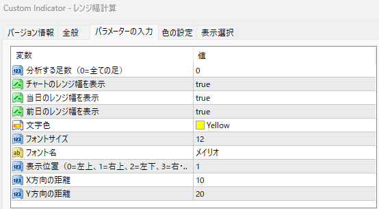 レンジ幅計算インジケーターのパラメータ設定 レンジ幅計算インジケーターのパラメータ設定
